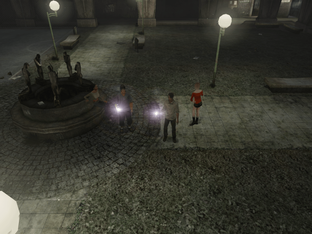 A screenshot of 4 of the main characters of the game, two of which are holding guns with attached flashlights.